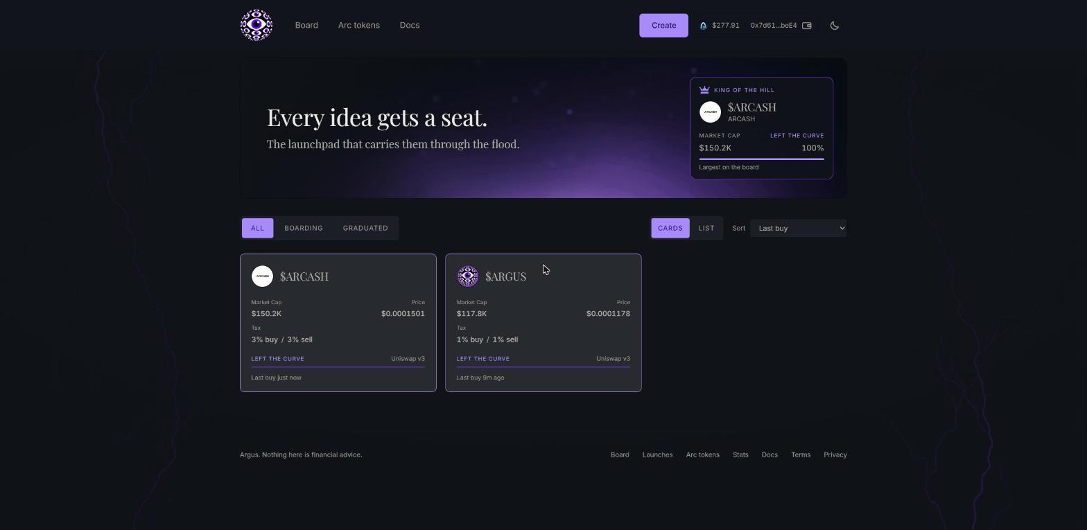 The Argus board, showing launched tokens as cards with market cap, price and tax.